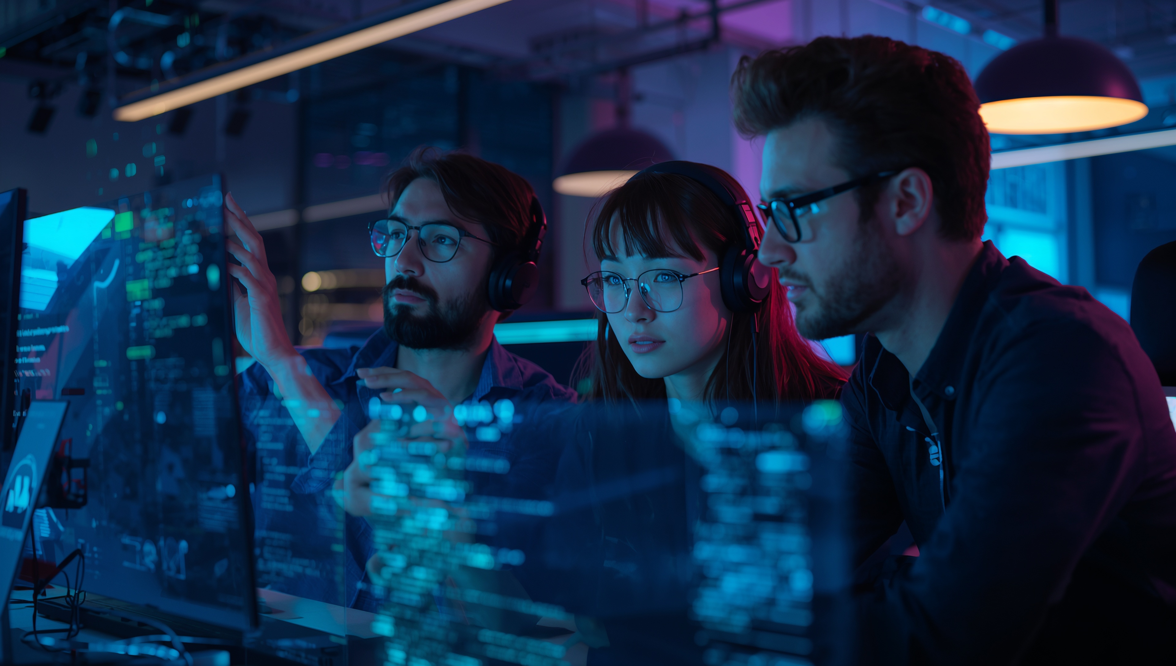 Three technology professionals reviewing operational systems together