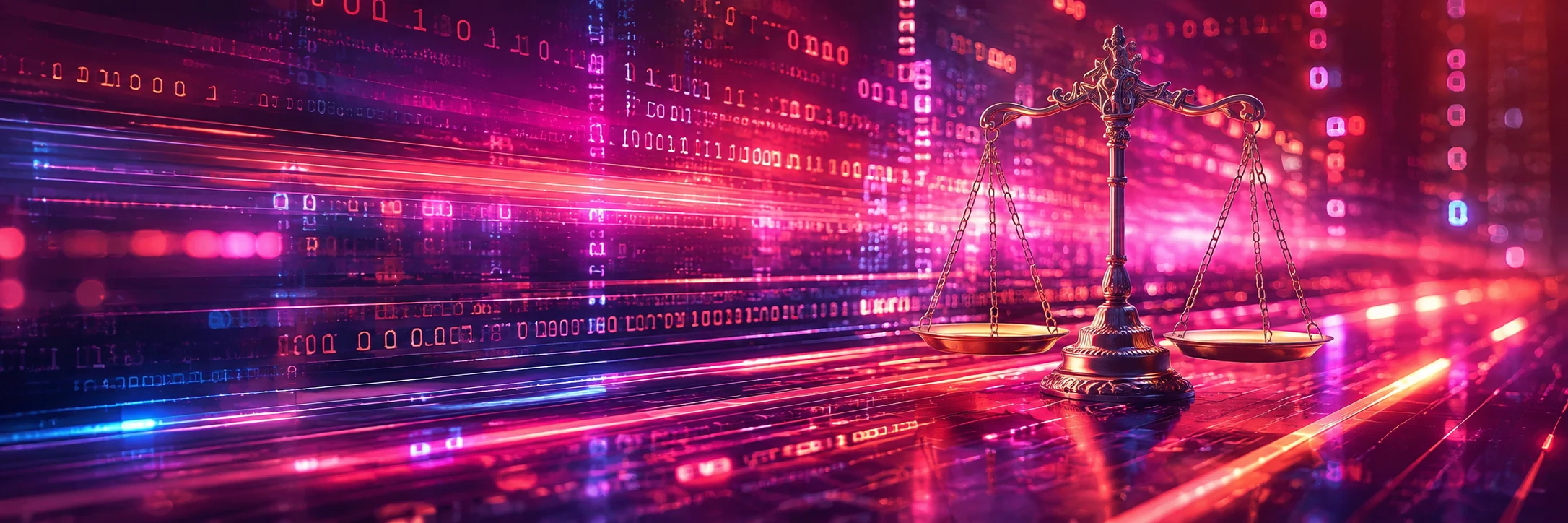 Digital risk landscape with a neon justice scale and protected data pathways