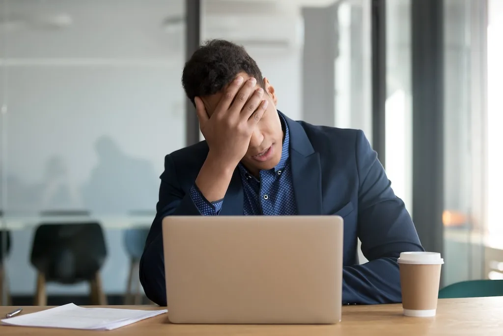 Frustrated Upset Black Business Man Stressed About Financial Market Crisis Frustrated Upset Black Business Man Stressed About Financial Market Crisis